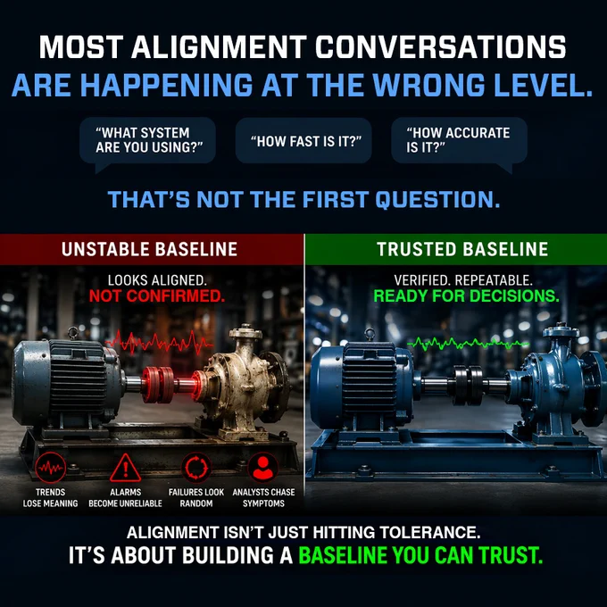 Split comparison graphic showing an “Unverified Baseline” vs “Verified Baseline” alignment scenario on a motor and pump, with warning icons on the left and a green check style on the right, highlighting that verified, repeatable baselines lead to more reliable decisions.