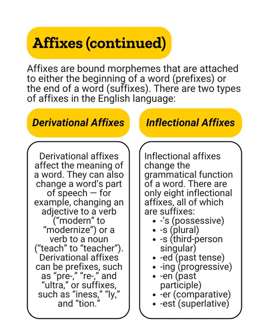 Affixes (continued)
Affixes are bound morphemes that are attached to either the beginning of a word (prefixes) or the end of a word (suffixes). There are two types of affixes in the English language:
Derivational Affixes
Derivational affixes affect the meaning of a word. They can also change a word’s part of speech — for example, changing an adjective to a verb (“modern” to “modernize”) or a verb to a noun (“teach” to “teacher”). Derivational affixes can be prefixes, such as “pre-,” “re-,” and “ultra,” or suffixes, such as “iness,” “ly,” and “tion.”
Inflectional Affixes
Inflectional affixes change the grammatical function of a word. There are only eight inflectional affixes, all of which are suffixes:
-’s (possessive)
-s (plural)
-s (third-person singular)
-ed (past tense)
-ing (progressive)
-en (past participle)
-er (comparative)
-est (superlative)