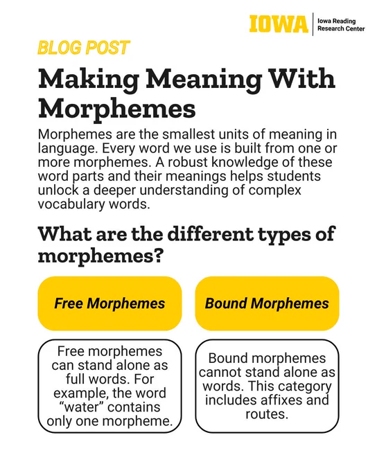 Blog Post
Making Meaning With Morphemes
Morphemes are the smallest units of meaning in language. Every word we use is built from one or more morphemes. A robust knowledge of these word parts and their meanings helps students unlock a deeper understanding of complex vocabulary words.
What are the different types of morphemes?
Free Morphemes
Free morphemes can stand alone as full words. For example, the word “water” contains only one morpheme.
Bound Morphemes
Bound morphemes cannot stand alone as words. This category includes affixes and routes.