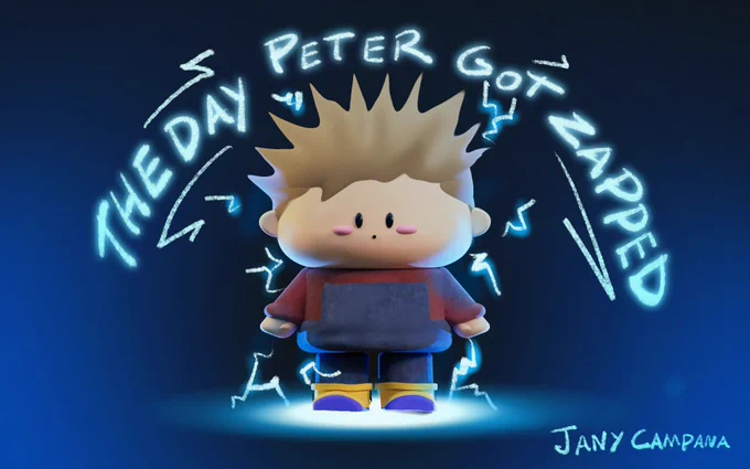 Title: THE DAY PETER GOT ZAPPED
Boy with static electricity and hair standing up.