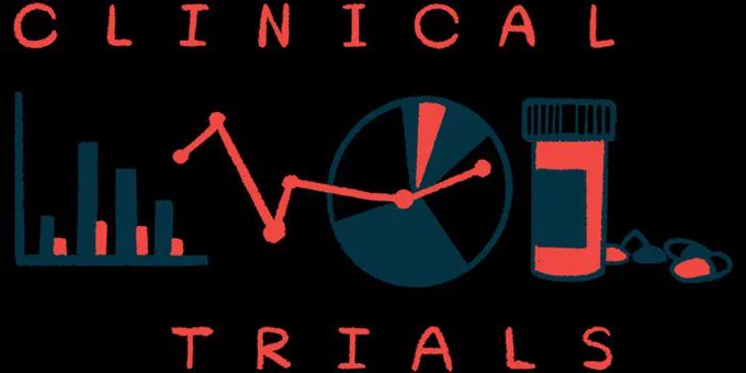 Various graphs and a bottle of prescription medication are seen sandwiched between the words "Clinical" and "Trials."