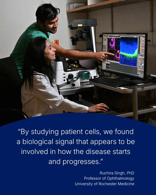 A researcher in a lab coat sits at a computer analyzing colorful microscopic images on a monitor while a colleague stands beside her, pointing at the screen. A microscope and lab equipment are visible nearby. Overlaid text reads: “By studying patient cells, we found a biological signal that appears to be involved in how the disease starts and progresses.” — Ruchira Singh, PhD, Professor of Ophthalmology, University of Rochester Medicine.