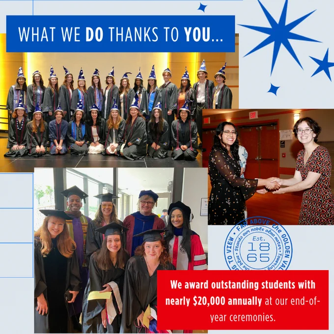 Image displays three photographs with graphic elements such as stars and grids. Photos include a group shot of students in graduation regalia and wizard hats, a photo of two women shaking hands at an awards ceremony, and a group photo of faculty and graduate students wearing regalia. The text on the image reads "What we do thanks to you... We award outstanding students with nearly $20,000 at our end-of-year ceremonies."
