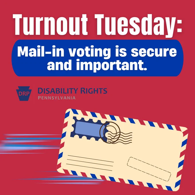 Image has a red background with white text, a blue text box for subtext, a DRP logo and a graphic of a certified piece of mail moving quickly across the bottom. 

Text: Turnout Tuesday. Mail-in voting is secure and important. 