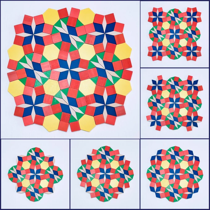 The top left main image shows a square-like geometric design created with pattern blocks. At the center (and in the four corners) are flower-like arrangements made of four blue and four tan rhombuses surrounded by eight orange squares. Around the central design are four dodecagons, each made of two blue rhombuses, four tan rhombuses, four orange squares, and eight green triangles. The gaps are filled in with yellow hexagons. The images along the bottom and on the right show the progression of the design.