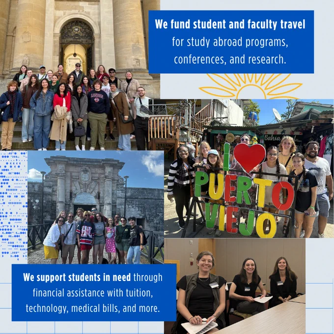 Image displays four photos along with KU-branded elements such as a grid and sunflower. Images display group shots of students on study abroad trips-- one in front of a building in London, one in front of a sign that reads 'I love Puerto Viejo,' and the last in front of Hispanic ruins. The final picture is of three women sitting with papers at a conference. The text on the image reads 'We fund student and faculty travel for study abroad programs, conferences, and research. We support students in need through financial assistance with tuition, technology, medical bills, and more.'