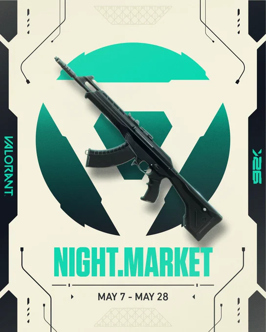 Promotional graphic for the VALORANT Night Market, running from May 7 to May 28. A black Vandal rifle is positioned diagonally across the center, set against a large, circular teal-and-dark-green gradient emblem. The background is an off-white tech-inspired frame with dark accents and the VALORANT logo on the left side. The words "NIGHT.MARKET" are written in bold teal letters at the bottom, just above the event dates.
