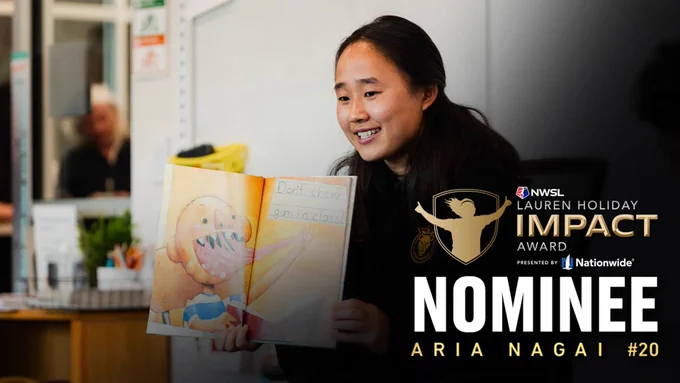Lauren holiday impact award aria nagai nominee photo of nagai reading a book to an audience