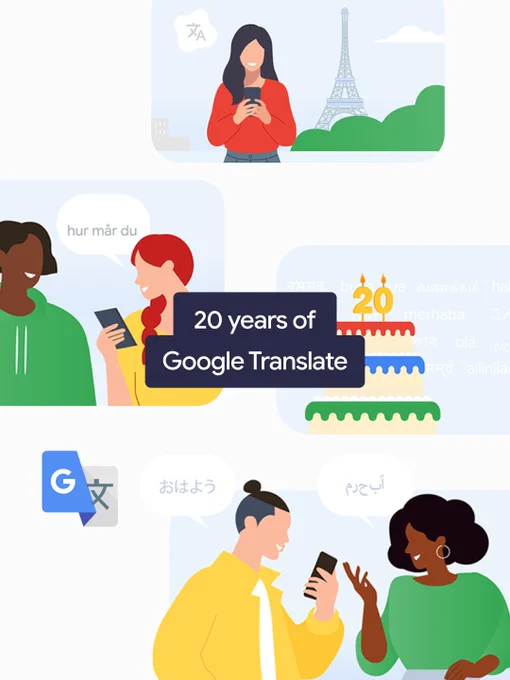A collage featuring the text "20 years of Google Translate" alongside people using phones and a birthday cake. Illustrations show global communication in various languages near landmarks like the Eiffel Tower.