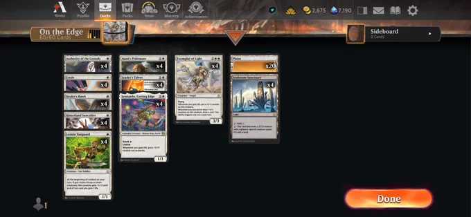 Deck
4 Authority of the Consuls (FDN) 137
20 Plains (ANA) 1
4 Leonardo, Cutting Edge (TMT) 15
4 Healer's Hawk (FDN) 142
4 Erode (SOS) 15
4 Leonin Vanguard (FDN) 499
4 Hinterland Sanctifier (FDN) 730
4 Ajani's Pridemate (FDN) 135
4 Leader's Talent (TMT) 13
4 Exemplar of Light (FDN) 11
4 Soulstone Sanctuary (FDN) 133