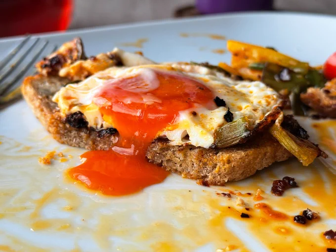 Homemade bread toasted with a rich yolk fried egg on top, some veg in the background