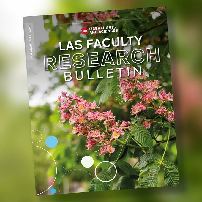 Cover of UIC LAS Faculty Research Bulletin featuring close-up of pink flowering tree branches against green foliage.