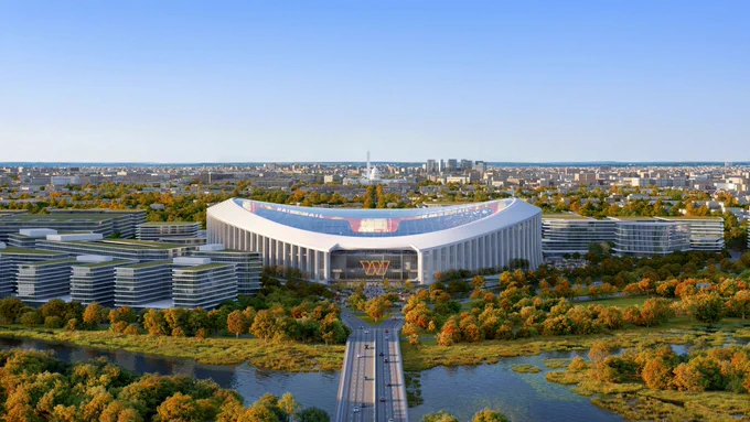 An aerial rendering of the new stadium at RFK, angled from the East. 