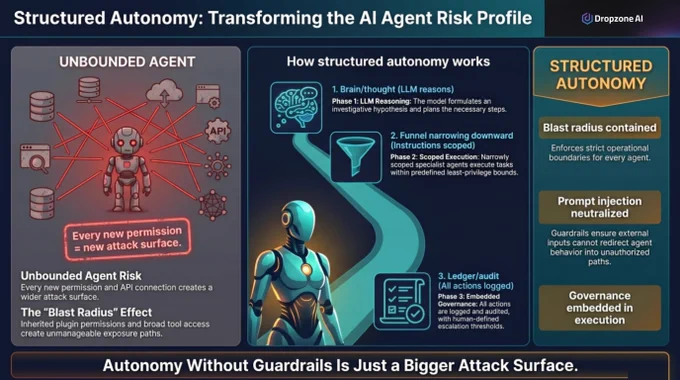 This image is an infographic from Dropzone AI, titled "Structured Autonomy: Transforming the AI Agent Risk Profile." It contrasts "Unbounded Agent" and "Structured Autonomy." On the left, the unbounded agent risk explanation features red icons and connected lines, depicting increased risk. A "blast radius" effect is mentioned. The right section shows "How structured autonomy works" in three phases: Brain/thoughts (LLM reasoning), Funnel narrowing (instructions scoped), and Ledger/audit controls (restricted execution). A humanoid robot is shown centrally. Key benefits of structured autonomy include blast radius containment and governance-embedded execution. A footer states, "Autonomy Without Guardrails Is Just a Bigger Attack Surface.