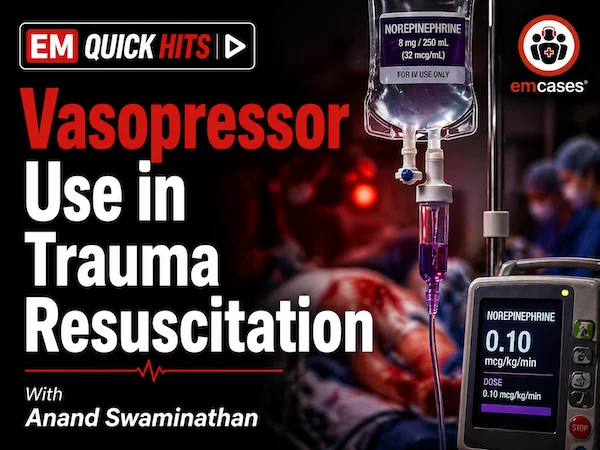 This video reviews current evidence around vasopressor use in the setting of trauma presentations in the emergency department.

Key takeaways include:

1. There is insufficient evidence to guide the use of vasopressors in early trauma resuscitation despite guideline recommendations for its use.

2. They may be useful in a minority of cases where there is a significant delay to obtaining blood products in the shocky patient and in patients refractory to blood products with a delay to source control who are in shock.

3. Vasopressors should rarely be your first option. Efforts should be directed towards blood volume restoration and hemostasis.
