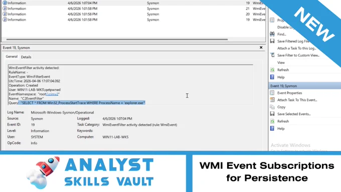 Reviewing Windows logs showing evidence of WMI-based persistence
(focus on the highlighted part of the image). 