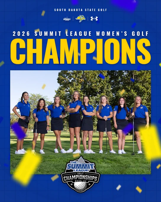 Graphic announcing “2026 Summit League Women’s Golf Champions” featuring South Dakota State women's golf. A group of eight golfers stand on a green golf course wearing blue polos and black skirts. Blue and yellow confetti overlays the image, with The Summit League Golf Championships logo displayed at the bottom.
