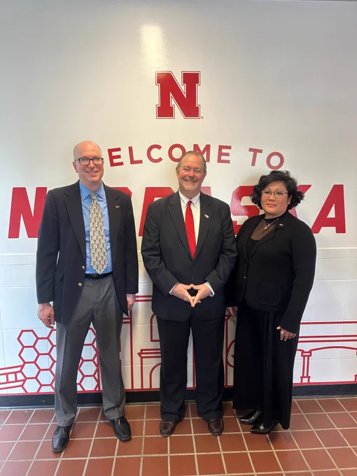 ARS Research Leaders Scott Sattler and Virginia Jin with REE Under Secretary and USDA Chief Scientist Dr. Scott Hutchins on the Nebraska Innovation Campus.