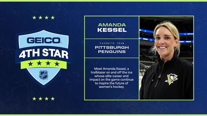 Left side: GEICO 4th Star logo \n\nRight side: A photo of Amanda Kessel beside white and green text on a blue background that reads: \"Amanda Kessel; Favorite team; Pittsburgh Penguins; Meet Amanda Kessel, a trailblazer on and off the ice whose elite career and impact on the game continue to inspire the future of women's hockey\"