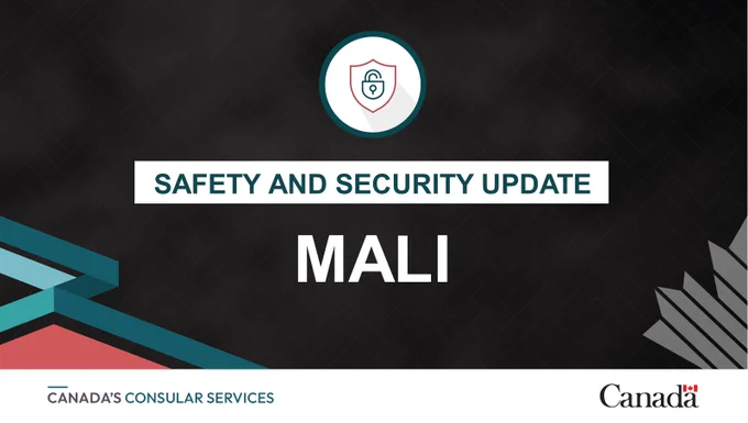 Safety and Security Update for Mali. Graphic with a shield icon and Government of Canada branding.