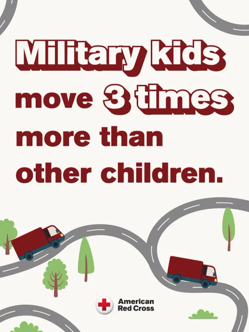 Poster highlighting that military kids move three times more than other children. It features winding roads with trucks and trees. The American Red Cross logo is at the bottom.