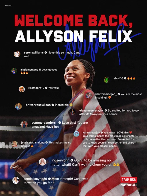 Photo of Allyson Felix with header reading “Welcome back, Allyson Felix”

Around her photo are comments from other athletes supporting her return announcement.