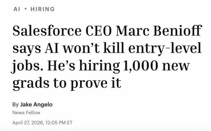 @Benioff Mark Benioff
 
There has been a lot of talk about Al displacing entry-level talent, but I am seeing a lot of the opposite. 

In fact, Salesforce is hiring 1,000 new graduates and interns right now.

New Grads and Interns:

Drop your resume at futureforce@salesforce.com.