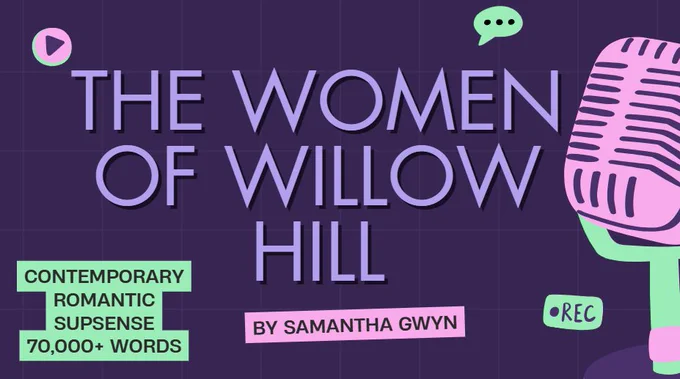 Title Slide: Title of the book across the top of the slide. The Women of Willow Hill by Samantha Gwyn. Contemporary Romantic Suspense. 70,000  words. Graphics depicting a podcast.