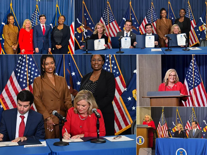 Clockwise from upper left: Ms. Ayanna Baker (Cyber Human Capital Program Analyst), Mrs. Marci McCarthy (DoW CIO Director of External Engagements), Acting Secretary of Labor The Honorable Keith Sonderling, and Ms. Chimia Nelson (DoW CIO Program Director); Seated: DoL Acting Administrator Office of Apprenticeship Ms Megan Baird, DoL Assistant Secretary of Employment and Training Administration Dr Henry Mack, Acting Secretary of Labor The Honorable Keith E. Sonderling, Mrs. Marci McCarthy, Standing: Ms Ayanna Baker and Ms. Chimia Nelson; Mrs. McCarthy introducing the DoW Cyber RAP; Mrs. McCarthy discussing the importance of Cyber RAP to the DoW; The Honorable Keith Sonderling and Mrs. McCarthy signing the ceremonial documents, Ms. Baker and Ms. Nelson standing in the background.