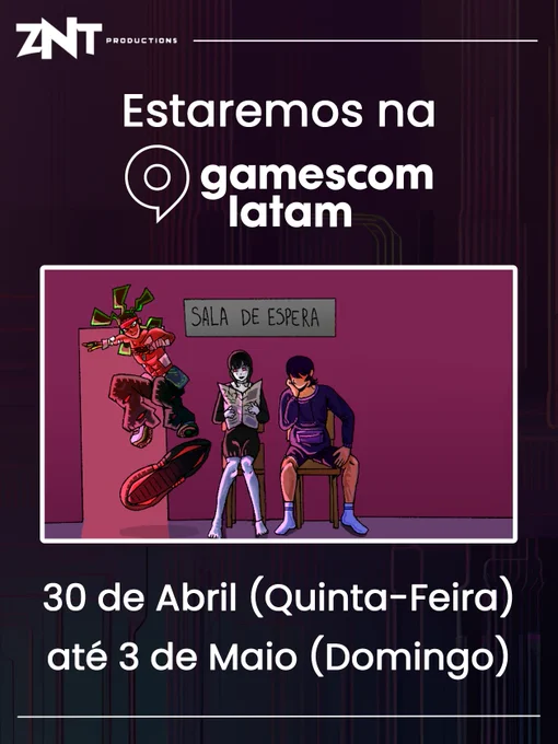 Em um fundo escuro, com a logo da ZNT Productions no topo, um texto em branco abaixo diz: "Estaremos na gamescom latam".

No meio, uma arte colorida mostra três personagens, respectivamente: Ryder fazendo um backflip no seu hoverboard, Hannah lendo um jornal sentada numa cadeira e Josh olhando para o lado de Hannah, também sentado numa cadeira.

Em baixo, mais um texto em branco diz: "30 de abril (Quinta-Feira) até 3 de maio (Domingo)".
