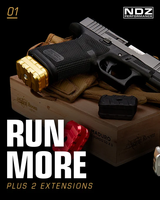 Glock 19 with NDZ Performance gold aluminum magazine extension installed, displayed with additional red and black baseplates