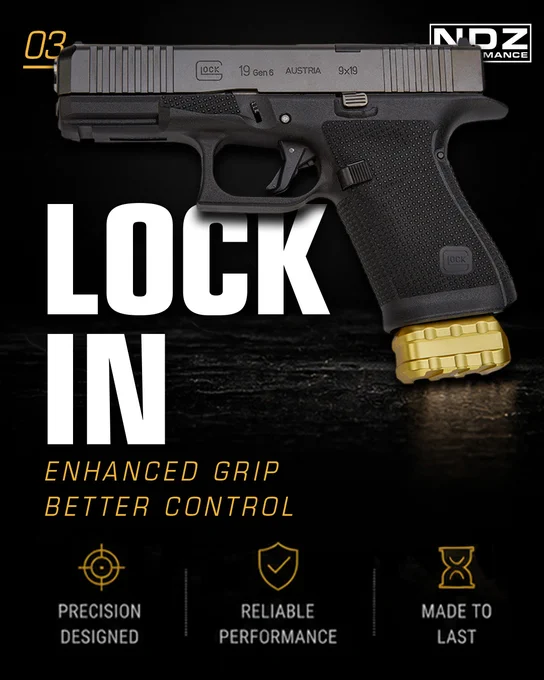 Glock 19 side profile featuring NDZ Performance magazine extension for enhanced grip and control