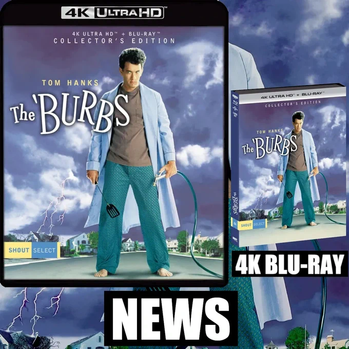 4K Blu-ray cover of Joe Dante's The 'Burbs starring Tom Hanks, Carrie Fisher and Bruce Dern