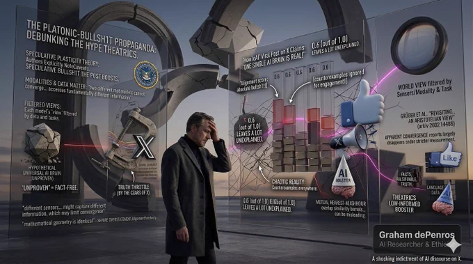 A distressed AI researcher, Graham dePenros, stands before surreal, cracked stone arches at dusk, framed by transparent glass displays covered in critical text. A left panel headline reads: "THE PLATONIC-BULLSH1T PROPAGANDA: DEBUNKING THE HYPE THEATRICS," with graphics and points critiquing universal AI brains. The right panel exposes a viral X post claiming "one single AI brain is real," with data charts labeled "absolute bullshit" and counterexamples ignored. Text at the bottom states it's "A shocking indictment of AI discourse on X."
