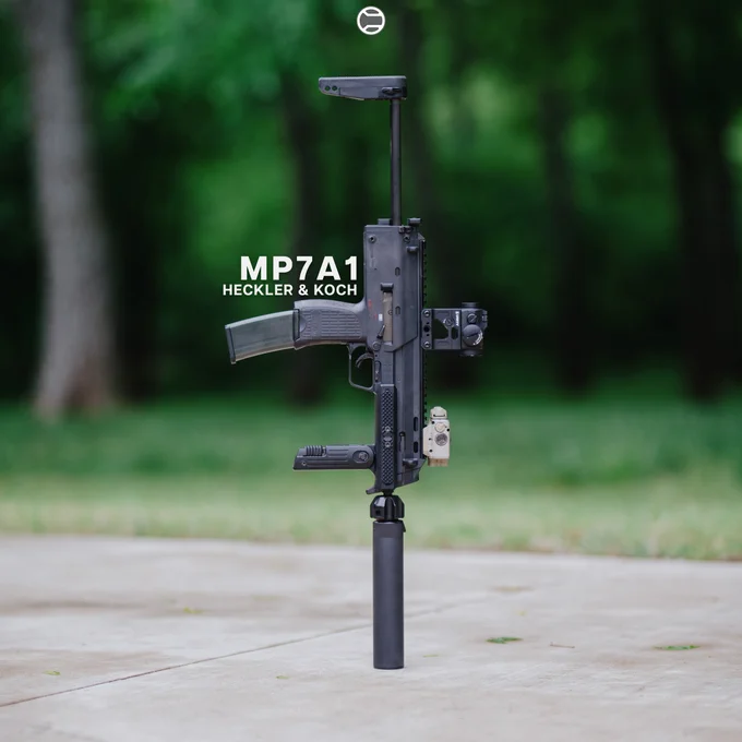 RailScales MP7 GIP MLOK Rails, G10 Solo's M-LOK Scales (Matrix, Black FR4, 1.5-Slot), LAO Sling Mount | Heckler & Koch MP7 MP7A1 Post Sample MG w/ B&T USA MP7 Rotex Suppressor, Surefire XVL2-IRC WeaponLight, Aimpoint Micro T-2 RDS on Unity Tactical FAST Micro Mount, HK 40rd MP7 Magazine and HK MP7 3-Position Stock. 