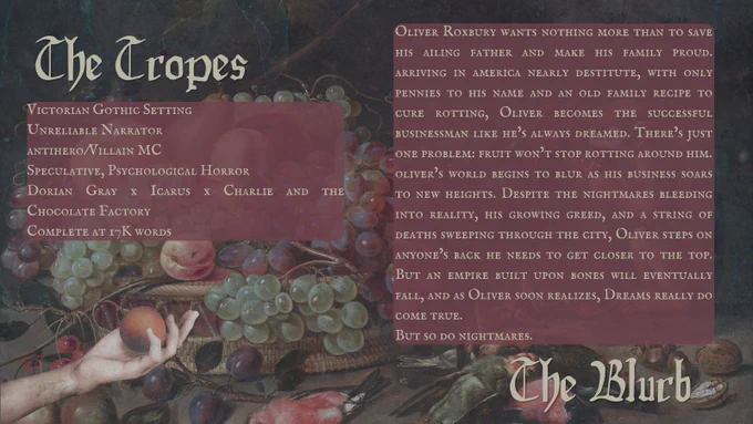 Post reads "The Tropes" and "the Blurb," in wine-colored bubbles in light greenish brown font. The poster is of a Dutch oil painting, a still life with fruit. A monkey is eating fruit in the right corner, and a hand holding an orange sits in the bottom left. 