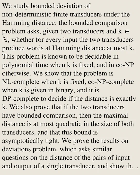 We study bounded deviation of non-deterministic finite transducers under the Hamming distance: the bounded comparison problem asks, given two transducers and k ∈ ℕ, whether for every input the two transducers produce words at Hamming distance at most k. This problem is known to be decidable in polynomial time when k is fixed, and in co-NP otherwise. We show that the problem is NL-complete when k is fixed, co-NP-complete when k is given in binary, and it is DP-complete to decide if the distance is exactly k. We also prove that if the two transducers have bounded comparison, then the maximal distance is at most quadratic in the size of both transducers, and that this bound is asymptotically tight. We prove the results on deviations problem, which asks similar questions on the distance of the pairs of input and output of a single transducer, and show that these two families of problems are logspace many-one equivalent.