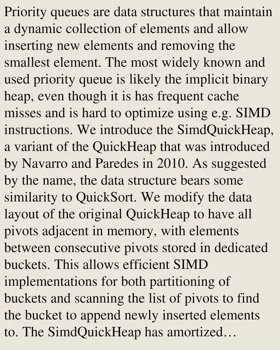 Priority queues are data structures that maintain a dynamic collection of elements and allow inserting new elements and removing the smallest element. The most widely known and used priority queue is likely the implicit binary heap, even though it is has frequent cache misses and is hard to optimize using e.g. SIMD instructions. We introduce the SimdQuickHeap, a variant of the QuickHeap that was introduced by Navarro and Paredes in 2010. As suggested by the name, the data structure bears some similarity to QuickSort. We modify the data layout of the original QuickHeap to have all pivots adjacent in memory, with elements between consecutive pivots stored in dedicated buckets. This allows efficient SIMD implementations for both partitioning of buckets and scanning the list of pivots to find the bucket to append newly inserted elements to. The SimdQuickHeap has amortized expected complexity O(log n) per operation, which improves to O(frac 1Wlog n) in non-degenerate cases, where W is the n