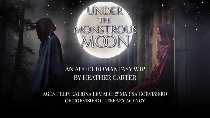 A dark hooded figure in the forest, a woman in a red cloak, praying in a temple. A full moon. UNDER THE MONSTROUS MOON. AN ADULT ROMANTASY WIP BY HEATHER CARTER. AGENT REP: KATRINA LEMAIRE & MARISA CORVISIERO OF CORVISERO LITERARY AGENCY