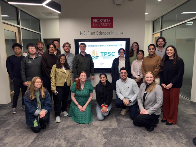 The Career Exploration Initiative Exploration attendees, N.C. State graduate students, and the career panelists: Dr. Kathleen Denya from North Carolina State University, Dr. Eli Hornstein from Elysia Bio, and Dr. Michael Barnhart from Novonesis. 