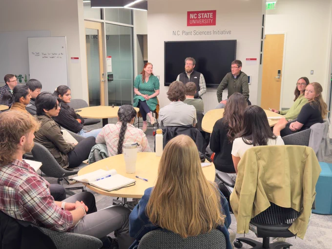 The Career Exploration Initiative attendees at the career panel with panelists Dr. Kathleen Denya from North Carolina State University, Dr. Eli Hornstein from Elysia Bio, and Dr. Michael Barnhart from Novonesis.