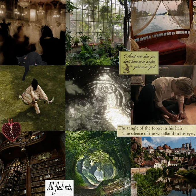 moodboard depicting (1) blurry picture of a party (2) a greenhouse (3) a curtained boat on a lake (4) a woman running through a field (5) rain droplets on the surface of water (6) a man leaning over and writing (7) a library (8) a path through the woods (9) an old village on a waterway
