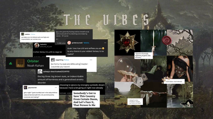 moodboard and various text posts, including the song "Orbiter" by Noah Kahan