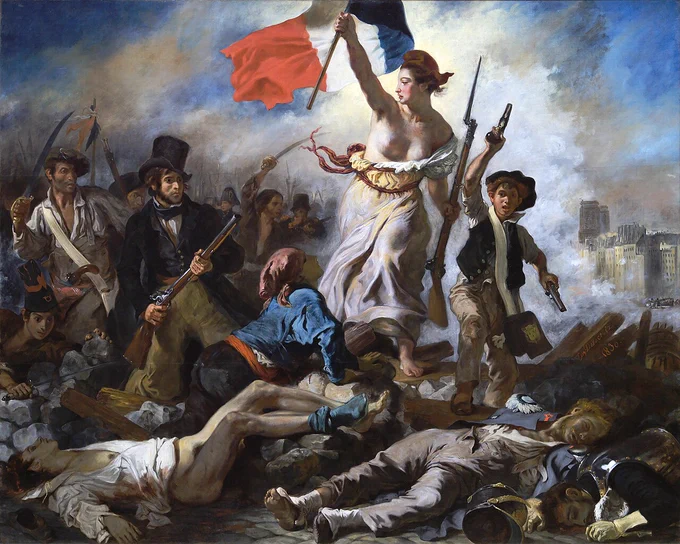 Image of the painting "Liberty Leading the People" (La Liberté guidant le peuple) by Eugène Delacroix. Painting depicts a bare-breasted woman of the people carrying the French flag and leading a group of the people over a barricade and past the corpses of the fallen. 