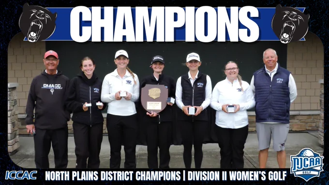 DMACC women’s golf team poses with trophy and medals after winning NJCAA North Plains District championship.