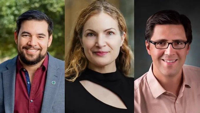 3 individuals pose for headshots. On the left is a person in a gray jacket and red button up. Behind is blurred greenery. In the middle, a person in an abstract black top. On the right, a person stands in front of a gray backdrop wearing a light pink button up.
