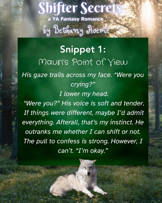 Forest background, in the center of the image is a green square. In front of the square is a white wolf. Text above the green square reads: Shifter Secrets a YA Fantasy  Romance by Bethany Averie / in the green square the text reads: Snippet 1: Mauri's Point of View:  His gaze trails across my face. "Were you crying?" I lower my head. "Were you?" His voice is soft and tender. If things were different, maybe I'd admit everything. Afterall, that's my instinct. He outranks me whether I can shift or not. The pull to confess is strong. However, I can't. "I'm okay."