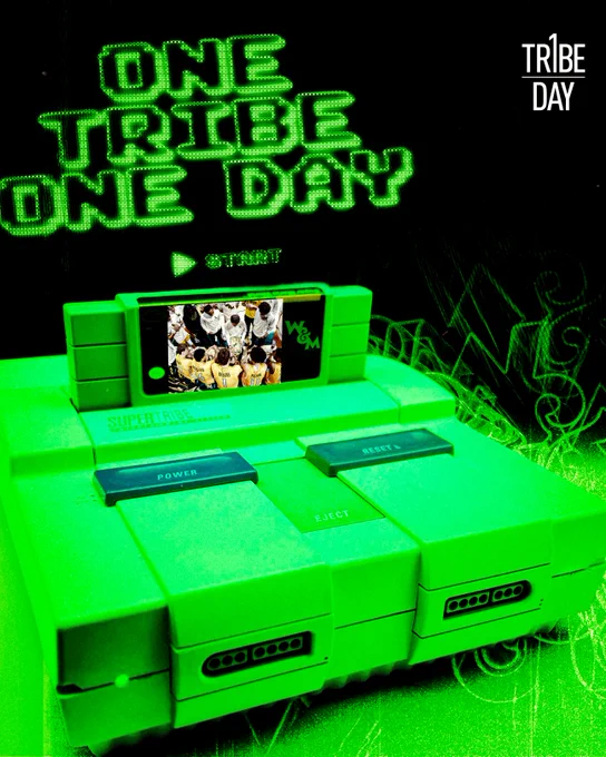 The graphic is for One Tribe One Day, celebrating the annual day of giving at William & Mary. The graphic is neon green in color with One Tribe One Day above a Super Nintendo gaming system with the game having a W&M logo on it as well as a Tribe basketball team huddle from the Gold Rush Game. 