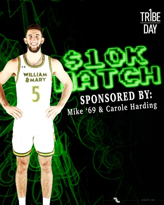 The match graphic is for One Tribe One Day, celebrating the annual day of giving at William & Mary. The cutout is of Tribe junior Ethan Connery. In the background in neon green is $10K match with sponsored by: Mike ’69 and Carole Harding in white. 