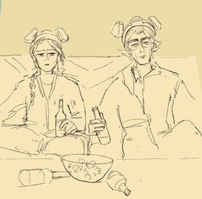 Digital sketch of jinx and viktor reclining on a couch wearing full body PPE and respirators pushed up on their foreheads, much like a promotional image for season 4 of breaking bad. They both look exhausted and are each holding a beer, with more empty beer bottles and a bowl of popcorn visible on the coffee table in front of them
